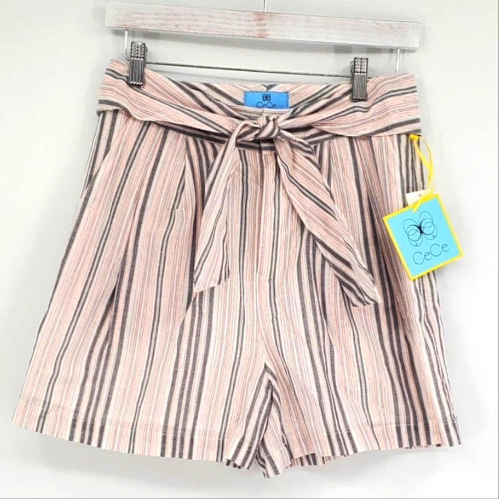 Cece Spring Bouquet Soft Ecru High Rise Stripe Belted Dress Short 12 Large NWT